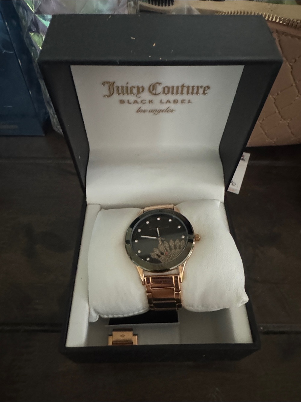Juicy Couture Rose Gold Tone Watch with Black Dial and Crown Motif